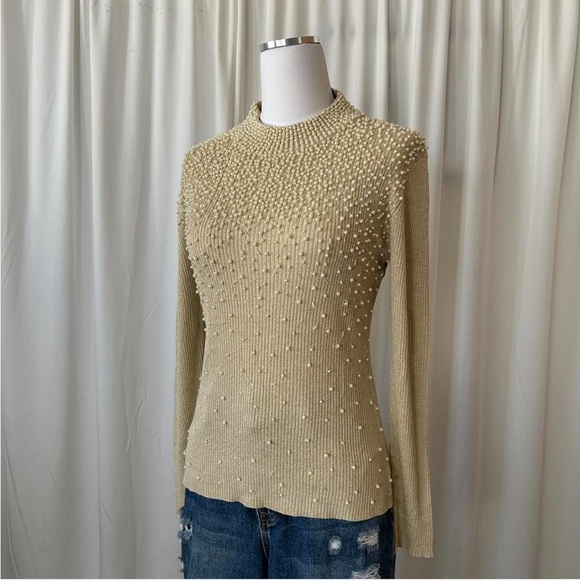Vintage Silk Belldini Pearl Embellished Metallic Ribbed Mock neck sweater large - Picture 3 of 8